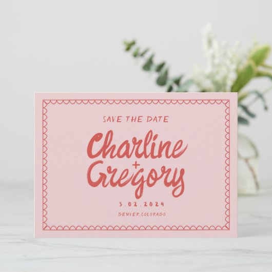 Retro Roze Rood Handschrift Bruiloft Save the Date Kaart (Staand voorkant)