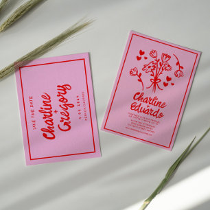 Retro Roze Rood Handschrift Bruiloft Save the Date Kaart