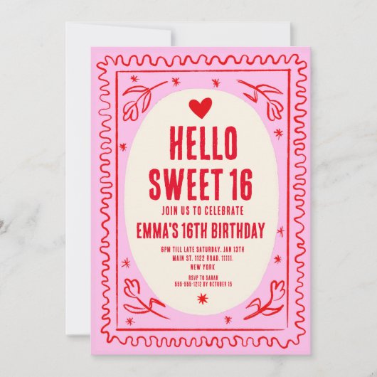Retro Roze Rood Handschrift Sweet 16 verjaardag Kaart (Voorkant)