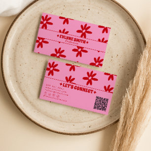 Retro Roze Rood QR Code Groovy Bloemig Meisjesacht Visitekaartje