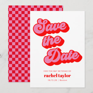 Retro Roze Rood Schaakbord Bat Mitzvah Save The Date