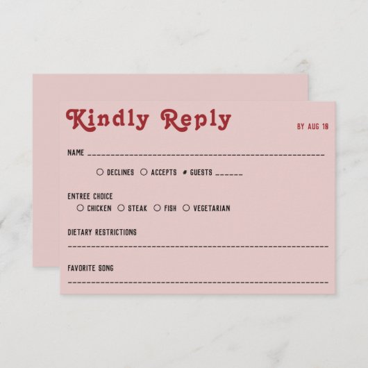 Retro Roze Rood & Zwart Bruiloft RSVP (Voorkant / Achterkant)