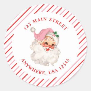 Retro roze santa retro adreslabel ronde sticker