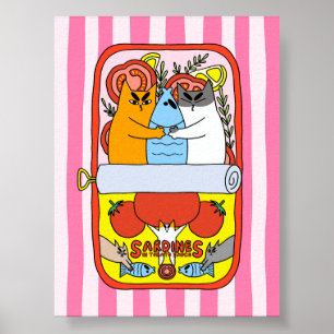 Retro Roze Sardinekat Illustratie Keuken Poster