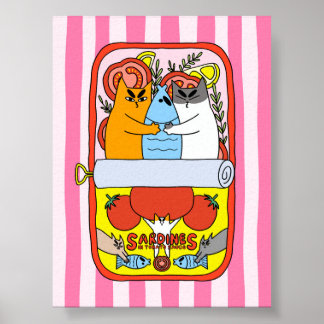 Retro Roze Sardinekat Illustratie Keuken Poster