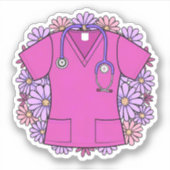 Retro Roze Scrub Top met Bloemen Sticker (Voorkant)