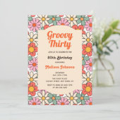 Retro Roze Sinaasappel Bloemen Groovy 30e Verjaard Kaart (Staand voorkant)