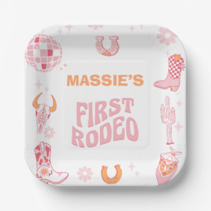 Retro Roze Sinaasappel Eerste Rodeo 1e verjaardag Papieren Bordje
