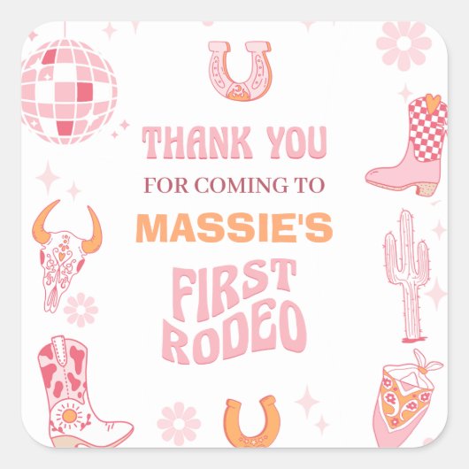Retro Roze Sinaasappel Eerste Rodeo 1e verjaardag Vierkante Sticker (Voorkant)