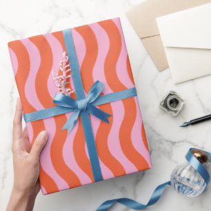 retro Roze Sinaasappel Groovy Wavy Stripe Cadeaupapier