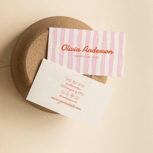 Retro Roze Sinaasappel Handgeschreven Gestreept Gi Visitekaartje