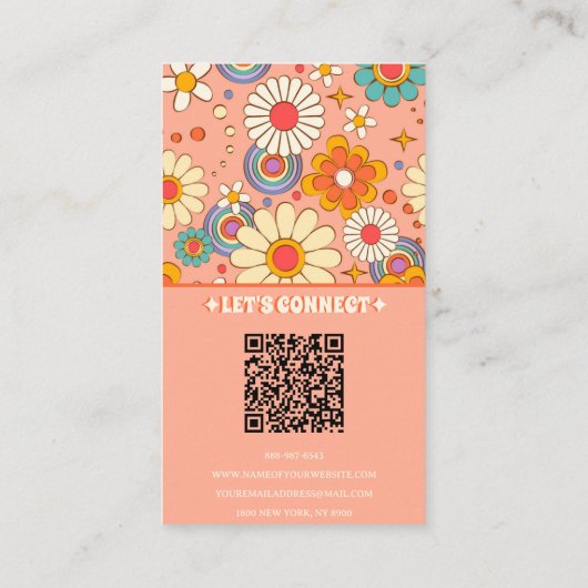 Retro Roze Sinaasappel QR Code Groovy Bloemen Tren Visitekaartje (Achterkant)