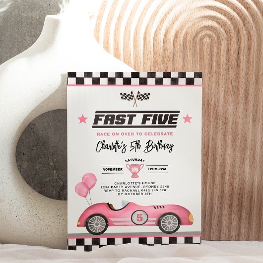 Retro Roze Snel Vijf Race Auto Meisje 5e Verjaarda Kaart
