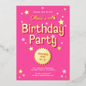 Retro  Roze Sterren Verjaardagsfeest Folie Uitnodiging (Voorkant)