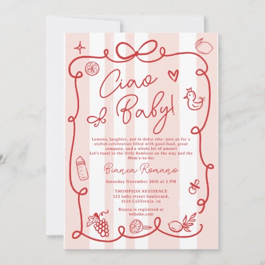 Retro Roze Strepen Ciao Baby shower met Italiaans  Kaart (Voorkant)
