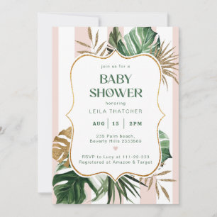 Retro roze strepen palm strand Baby shower Kaart