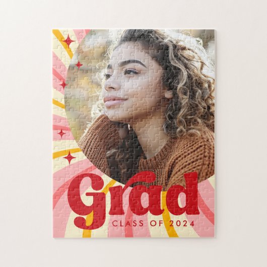 Retro roze sunburst afstuderen jaarfoto afstuderen legpuzzel (Verticaal)