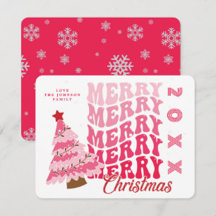 Retro Roze Typografie Vrolijke Kerstboom Naam Feestdagenkaart