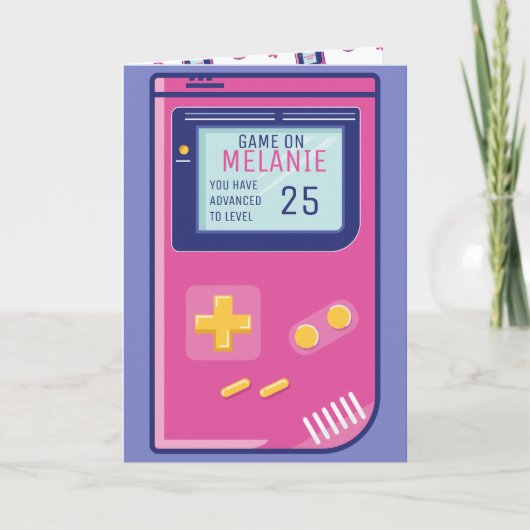 Retro roze videogame level op Custom Birthday Leag Kaart (Voorkant)