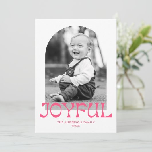 Retro roze vreugdevolle boog foto feestdagenkaart (Staand voorkant)