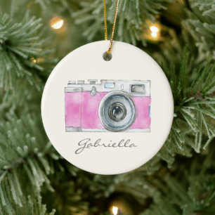 Retro Roze Waterverf Camera Gepersonaliseerd Keramisch Ornament