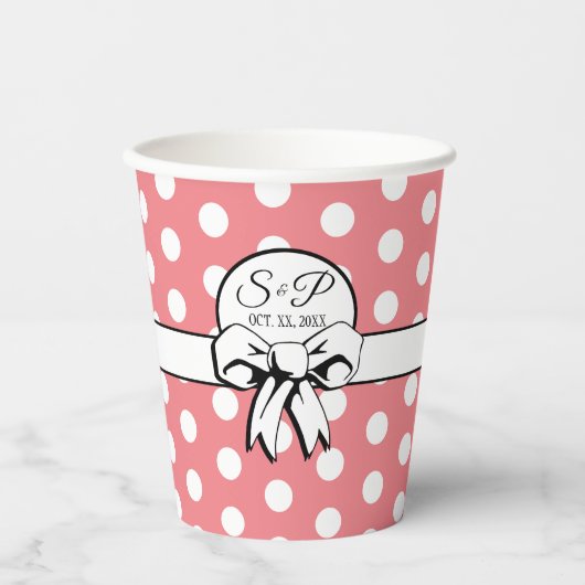 Retro Roze Witte Polka Dot Witte Boog Gepersonalis Papieren Bekers (Voorkant)