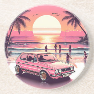 Retro Roze Zomer Sunset Beach Vibe Zandsteen Onderzetter