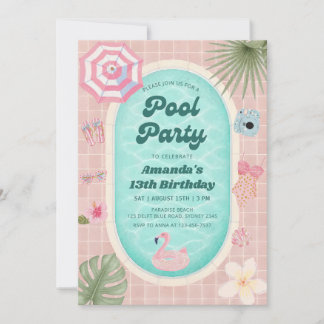 Retro Roze Zomer Zwembad Feest Verjaardagsuitnodig Kaart