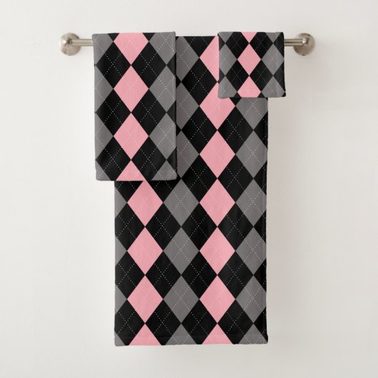 Retro Roze Zwart Grijs Argyle Bad Handdoek (Insitu)