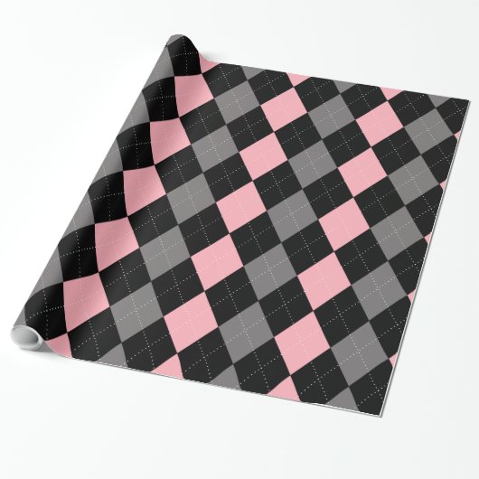 Retro Roze Zwart Grijs Argyle Cadeaupapier (Uitgerold)