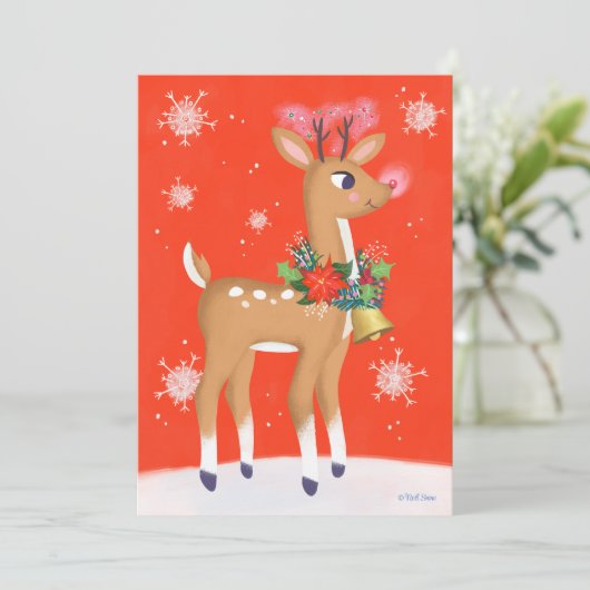 Retro Rudolph Reindeer Red Feestdagenkaart (Staand voorkant)