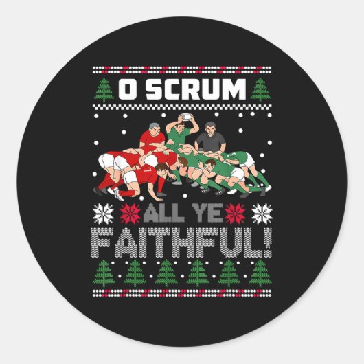 Retro Rugby O Scrum All Ye Faithful Ugly Merry Chr Ronde Sticker (Voorkant)