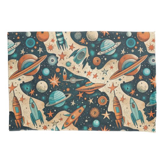 Retro Ruimteraket Planeten Oranje Teal Kinderkamer Kussensloop (Voorkant-Links)