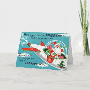 Retro Ruimteschip Santa Christmas Wenskaart Feestdagen Kaart