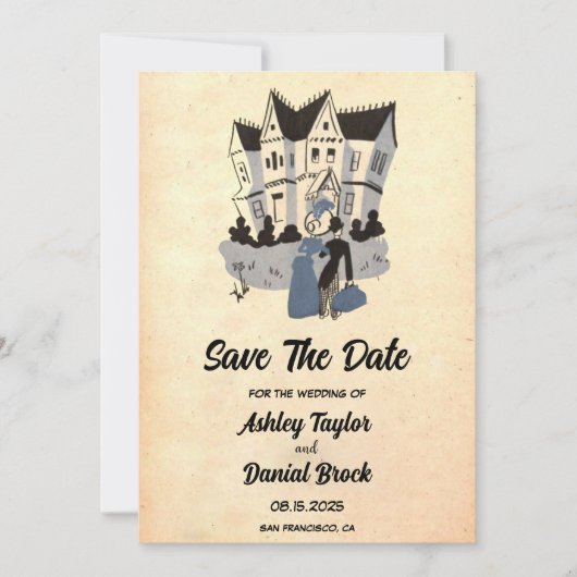  Retro Rustic Comic Wedding Save the Date Kaart (Voorkant)