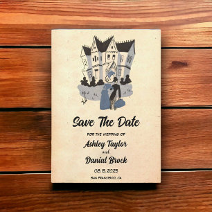 Retro Rustic Comic Wedding Save the Date Kaart
