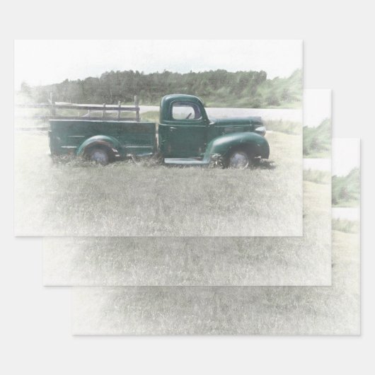 Retro Rustic Green Country Boerderij Truck Inpakpapier Vel (Set)