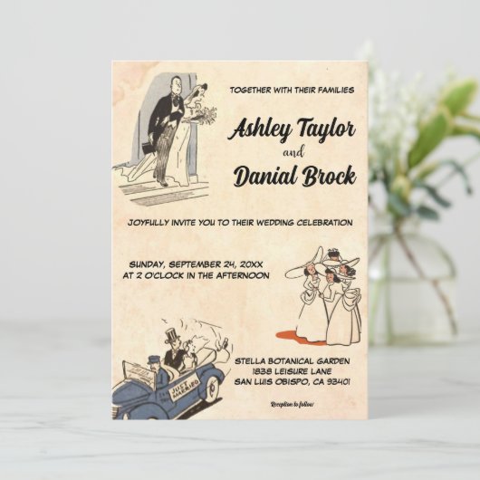 Retro Rustic Old Romantic Comic Wedding Kaart (Staand voorkant)