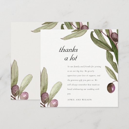 RETRO RUSTIC OLIVE WATERVERF FOLIAGE WEDDING BEDANKKAART (Voorkant / Achterkant)