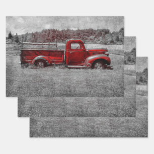  Retro Rustic Red Grey Boerderij Truck Inpakpapier Vel