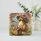 Retro rustieke eend met eieren boerderijhuisje feestdagenkaart (Staand voorkant)