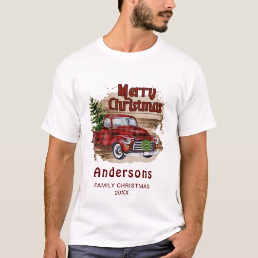 Retro Rustieke Kerst Buffel Rode Vrachtwagen Vakan T-shirt (Voorkant)
