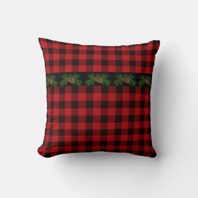 Retro rustieke rode zwarte buffalo plaid dennenapp kussen (Voorkant)
