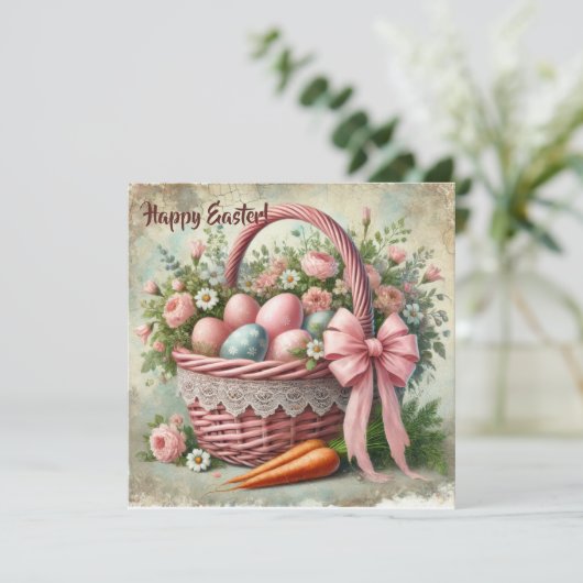 Retro rustieke vetermand met pasteleieren feestdagenkaart (Staand voorkant)