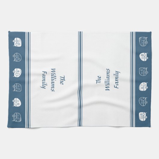 Retro RV Campers Family Name in Blue and White Theedoek (Horizontaal)