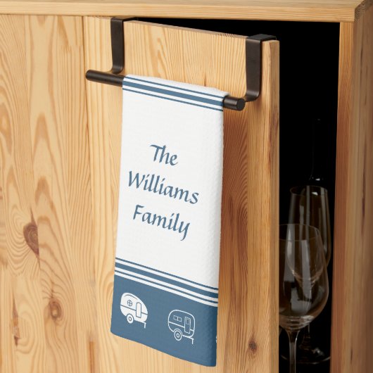 Retro RV Campers Family Name in Blue and White Theedoek (Derde Gevouwen)