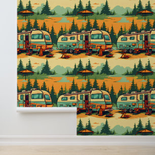 Retro RV Campers Genesteld In Pine Trees Behang