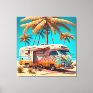 Retro RV en palmbomen Canvas Afdruk