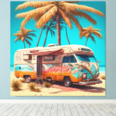 Retro RV en palmbomen Canvas Afdruk (Insitu (Houten vloer))