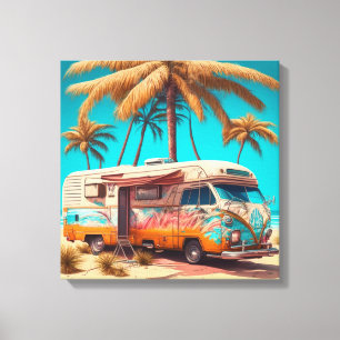 Retro RV en palmbomen Canvas Afdruk